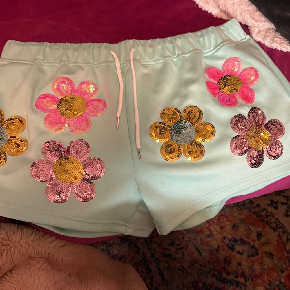Light Blue Sequin Flower Drawstring Women's Shorts